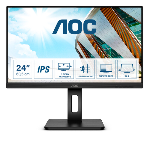 Монитор AOC - 24P2Q, 23.8", 16:9, IPS, 4 мс, 250cd/m², 1000:1, 1920x1080 (Full HD), 75 Гц, VGA, 1x HDMI, 1x DP, USB-hub, HAS, HAS, Pivot, speakers, цвет чёрный, 24P2Q