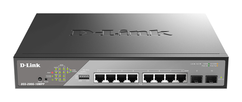 Коммутатор D-Link DSS-200G-10MPP/A1A Настраиваемый L2 коммутатор с 8 портами 10/100/1000Base-T и 2 портами 1000Base-X SFP (8 портов PoE 802.3af/at/bt, PoE-бюджет 242 Вт, дальность до 250 м)