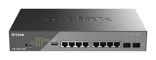 Коммутатор D-Link DSS-200G-10MP/A1A Управляемый L2 коммутатор с 8 портами 10/100/1000Base-T, 2 портами 1000Base-X SFP и DIP-переключателем (8 портов PoE 802.3af/at, PoE-бюджет 130 Вт, дальность до 250 м)