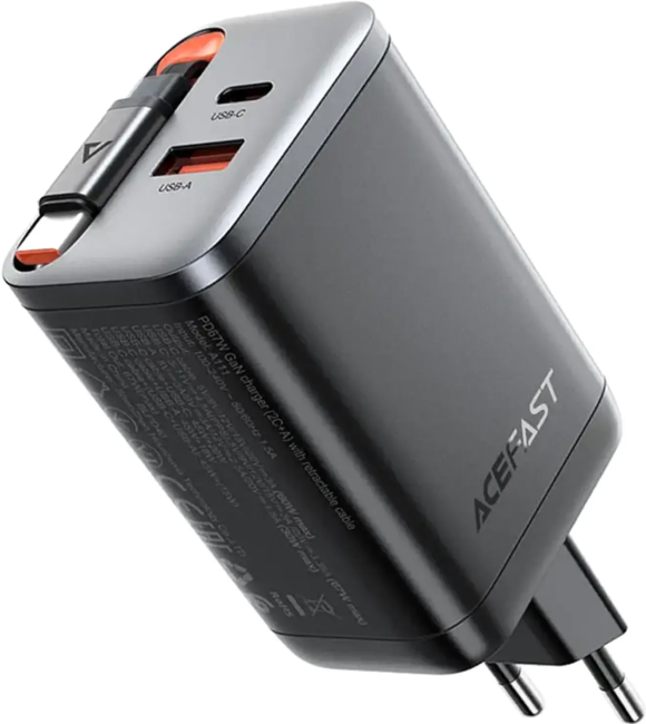 AF-A111-BK Зарядное устройство ACEFAST A111 PD67W Gan Charger 2*USB-C+USB-A With Retractable Cable с кабелем.  Цвет:  чер