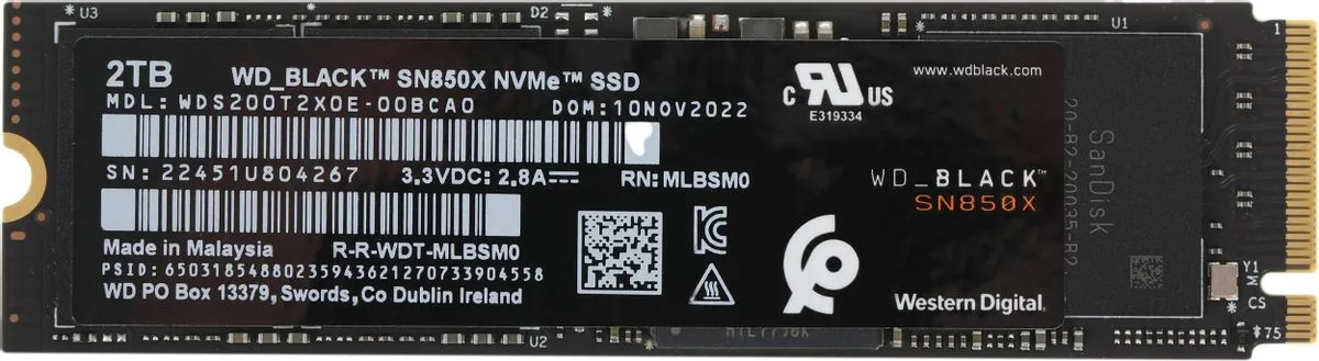 Твердотельный накопитель WD SSD Black SN850X, 2.0TB, M.2(22x80mm), NVMe, PCIe 4.0 x4, 3D TLC, R/W 7300/6600MB/s, IOPs 1 200 000/1 100 000, TBW 1200, DWPD 0.3