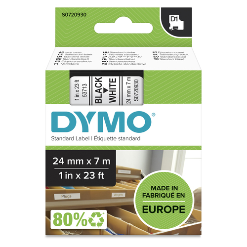 Картридж для принтера этикеток DYMO D1 S0720930/53713, 24мм х 7 м, пластиковая, черный шрифт/белая лента