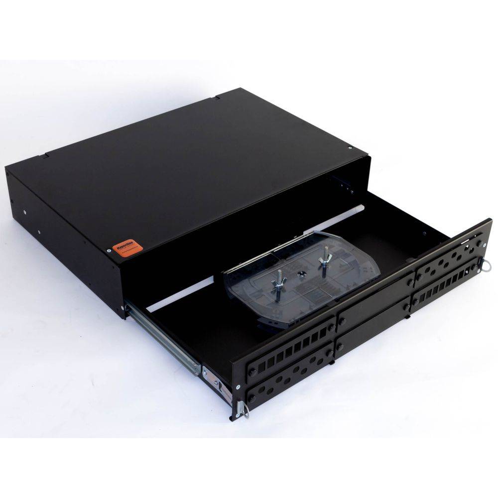 HYPERLINE Бокс оптический FO-19V-2U-6xSLT-W130H30-48UN-BK Бокс оптический универсальный 19" выдвижной, с полкой, от 8 до 48 портов , со сплайс пластиной, без пигтейлов и проходных адаптеров, 2U, черный