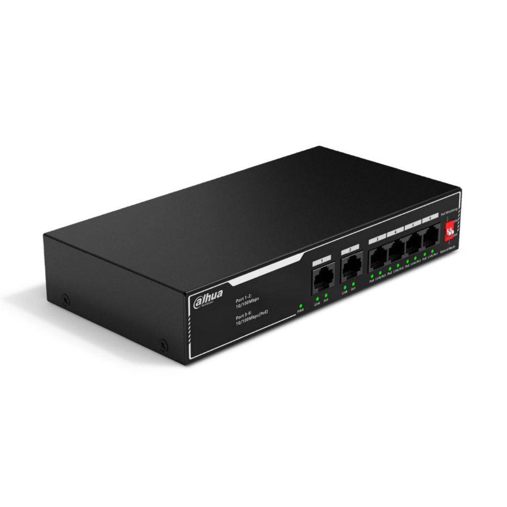 DAHUA DH-SF1006LP 6-портовый неуправляемый коммутатор с РоЕ, 4xRJ45 100Mb PoE, 2xRJ45 100Mb uplink, суммарно 36Вт, коммутация 1.2 Гбит/с, MAC-таблица 2K, металл