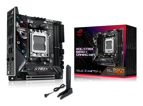 Материнская плата ASUS ROG STRIX B850-I GAMING WIFI, AM5, AMD B850, 2xDDR5, 2xM.2, 2xSATA, PCIe 4.0 x16, 1xHDMI, 1xUSB Type-C, 1x2.5Gb LAN, Wi-Fi 7, Bluetooth 5.4, 5xUSB-A 10Gbps, 1xUSB-C 20Gbps, 2xUSB-A 2.0, 3x3.5 мм, S/PDIF, 7.1, Mini-ITX