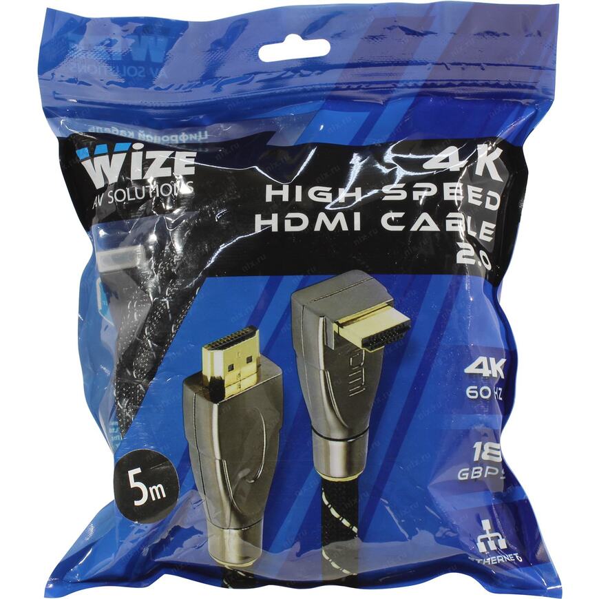Кабель HDMI Wize [WAVC-HDMI-5M] 5 м, v.2.0b, 19M/19M, 4K/60 Hz 4:4:4, 30 AWG, HDCP 1.4, HDCP 2.2, Ethernet, позол.разъемы, экран, черный, эргономичный коннектор синего цвета, пакет