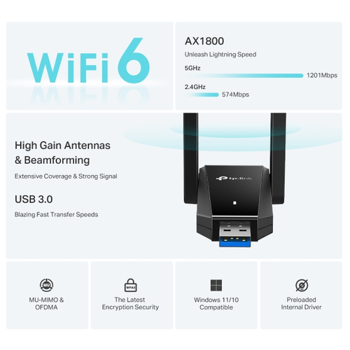 TP-Link Archer TX30U Plus AX1800 Двухантенный беспроводной USB-адаптер Wi-Fi 6 с высоким  коэффициентом  усиления