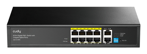 Коммутатор CUDY 8-Port Gigabit PoE+ Switch with 2 Gigabit Uplink Ports 120W                                          8 RJ-45 10/100/1000M PSE ports +2 RJ45 10/100/1000  Uplink Port Unmanaged PoE+ Switch 120W,  802.3af/at standard,Alternative 1/2(+),3/6(-), Steel Case, Watchdog, 120W internal
