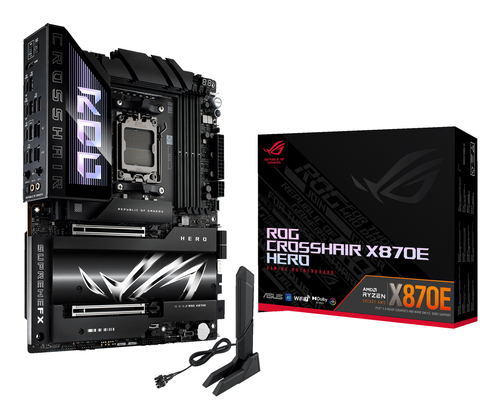 Материнская плата ASUS ROG CROSSHAIR X870E HERO, AM5, AMD X870E, 4xDDR5, 4xSATA, 5xM.2, 2xPCI-E 5.0 x16, 1xHDMI, 2xUSB-C (видео), 2x 5Gb LAN, 6xUSB-A 3.2 Gen 2, 2xUSB-C 3.2 Gen 2, 2xUSB4, 2x3.5 мм, 7.1, ATX