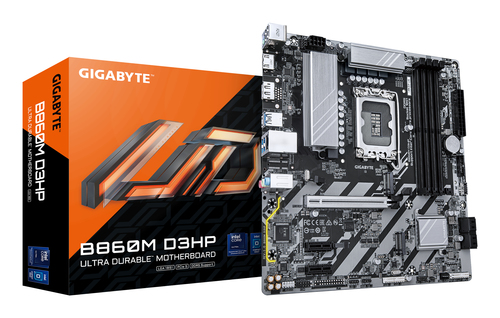 Материнская плата Gigabyte B860M D3HP, Socket 1851, Intel®B860, 4xDDR5-6400, HDMI+DP, 1xPCI-Ex16, 2xPCI-Ex1, 4xSATA3(RAID 0/1/5/10), 2xM.2, 8Ch Audio, GLan, (2+4)xUSB2.0, (3+2)xUSB3.2, (0+1)xUSB Type-C™, 1xPS/2, mATX, RTL bp (B860M D3HP плохая упаковка)
