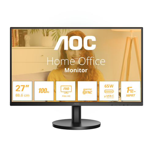 Монитор 27" AOC 27B3CA2 Black (IPS, 250cd, 1300:1, 20M:1, 4ms, 178/178, HDMI, USB-C65W (DP alt), 2xUSB 3.2, 100Hz, Speakers, Tilt, Внутр, VESA, Black, 3y )