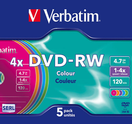 <121534> Диск DVD-RW 4,7Gb Verbatim 4x, Colour, Slim Case [43563_штучно]