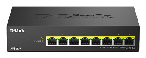 D-Link DMS-108P/A1A Неуправляемый коммутатор с 8 портами 100/1000/2.5GBase-T (8 портов PoE 802.3af/at/bt, PoE-бюджет 230 Вт)