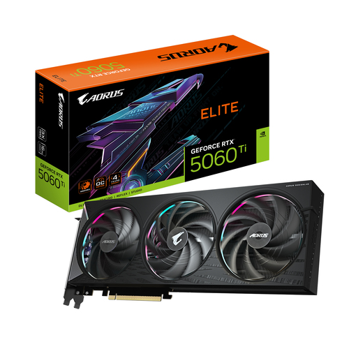 Видеокарта Gigabyte Aorus GeForce RTX 5060 Ti Elite, NVIDIA RTX 5060 Ti, 16 ГБ GDDR7, 128 бит, PCI-e 5.0, 1xHDMI, 3xDP, 2722 МГц