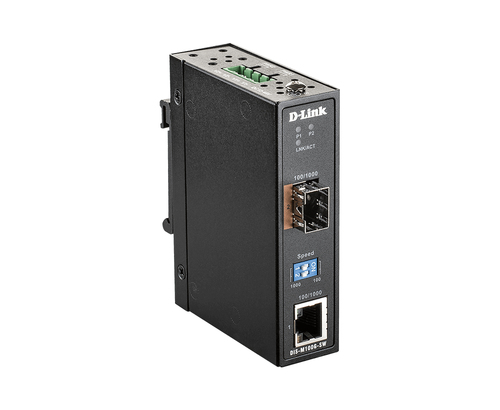 Промышленный конвертер D-Link - DIS-M100G-SW/, Витая пара RJ-45 1000Base-T, Transceiver SFP 1000Base-X, 1 Гб/с, full-duplex, -40 - 70°C, чёрный, DIS-M100G-SW/A1A