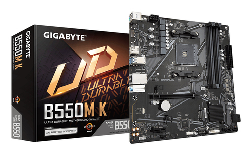 Материнская плата Gigabyte B550M K, Socket AM4, AMD B550, 4xDDR4-3200, HDMI+DP, 1xPCI-Ex16, 1xPCI-Ex1, 4xSATA3(RAID 0/1/10), 2xM.2, 8 Ch Audio, GLan, (4+2)xUSB2.0, (4+2)xUSB3.2, 1xPS/2, mATX, RTL {10}