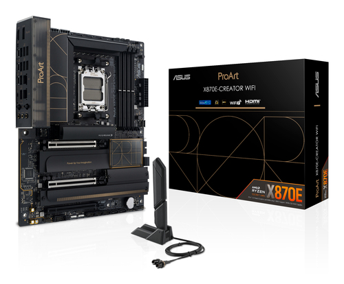 Материнская плата ASUS PROART X870E-CREATOR WIFI, AM5, AMD X870E, 4xDDR5, 4xSATA, 4xM.2, 2xPCIe 5.0 x16, 1xPCIe 4.0 x4, 2xUSB-C 40Gbps, 1xUSB-C 20Gbps, 7xUSB-A 10Gbps, 1xUSB-A 2.0, 1xDP (v1.4), 1xHDMI (v2.1), 1x10Gb LAN, 1x2.5Gb LAN, Wi-Fi 7, Bluetooth 5.4, 3x3.5 мм, 7.1, ATX