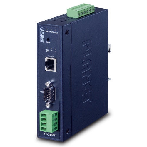 Преобразователь интерфейсов Planet ICS-2100T, IP30 Industrial 1-Port RS232/RS422/RS485 Serial Device Server (1 x 10/100BASE-TX, -40~75°C, dual 9~48V DC, Web, Telnet and SNMP management)
