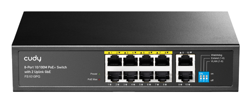Коммутатор/ 8-Port 10/100M PSE RJ-45  +2 RJ45 10/100/1000M Uplink Port Unmanaged PoE+ Switch 120W, CCTV/VLAN mode support, long distance:250M at CCTV mode. Support PD Alive Function, ±4 KV Surge Protection,  802.3af/at standard,  Alternative 1/2(+),3/6(-), Steel Case,Watchdog, 120W internal
