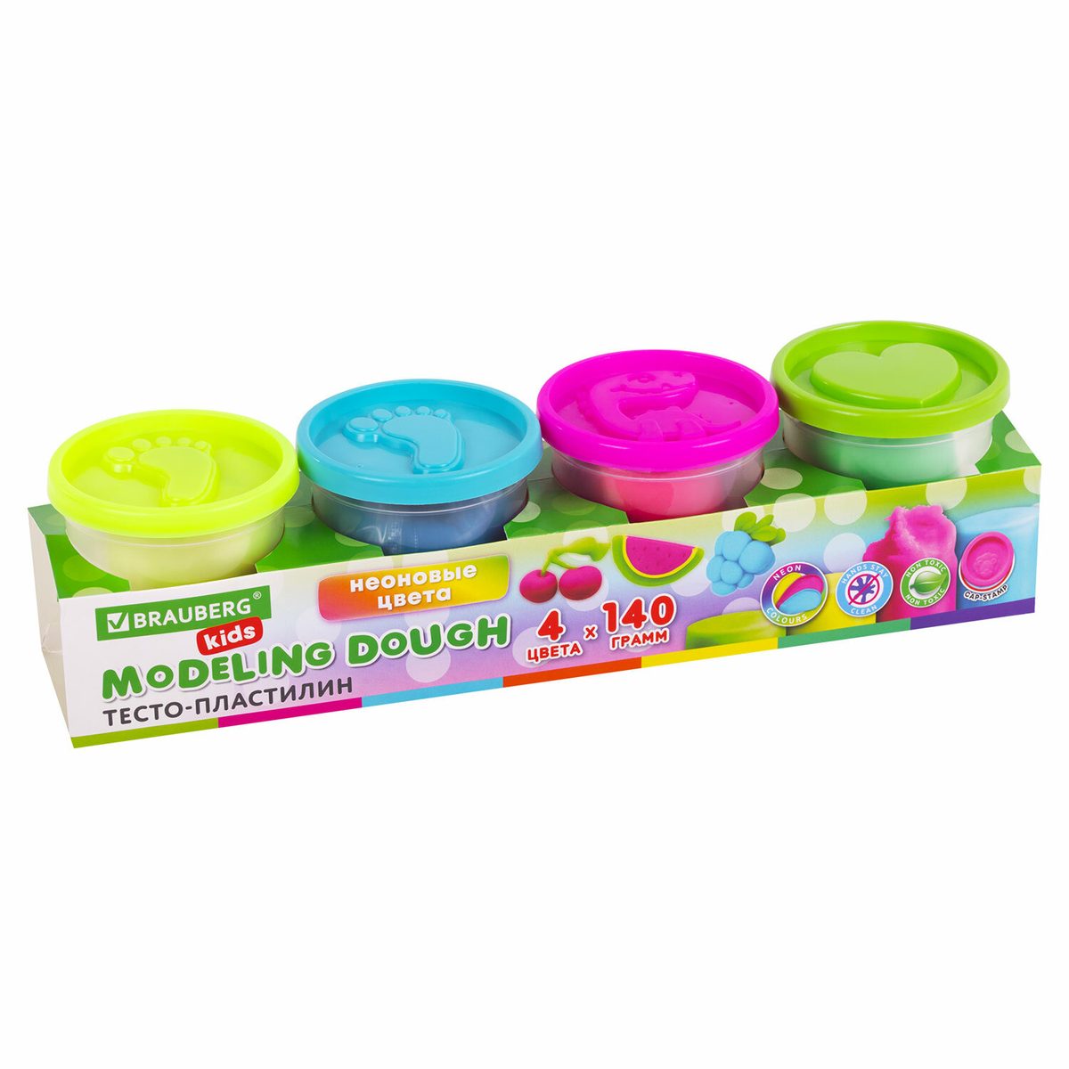 Пластилин-тесто для лепки Brauberg Kids, 4 цвета, 560г, яркие неоновые цвета, крышки-штампики, 1067 (106716), 15 уп.