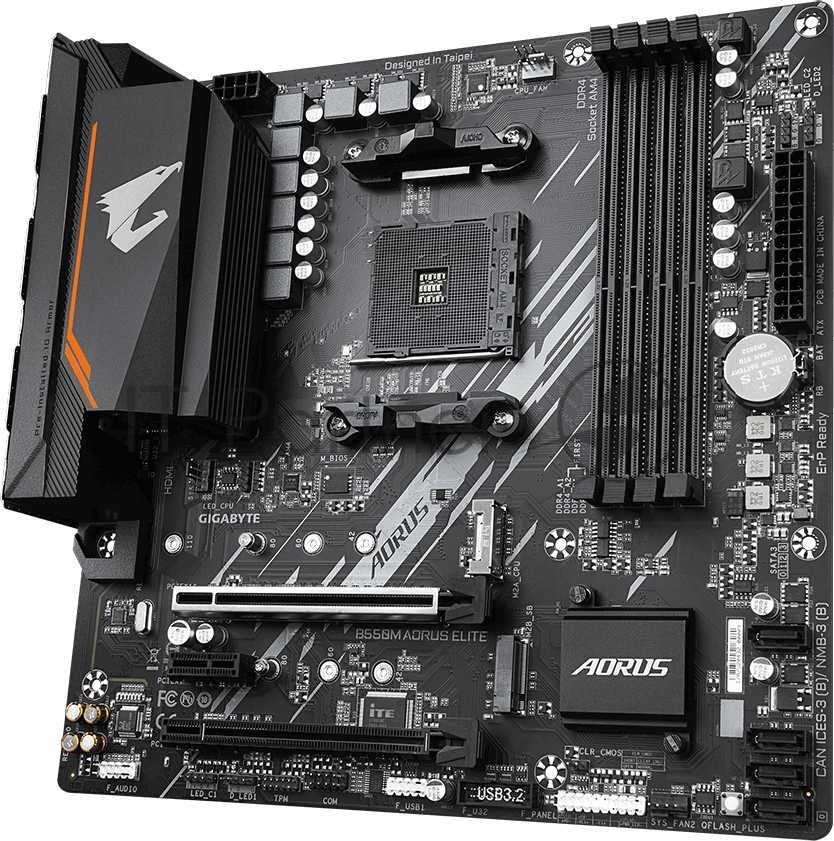 Материнская плата Gigabyte B550M AORUS ELITE, AM4, AMD B550, 4xDDR4, 4xSATA, 2xM.2, 2xPCIe x16, HDMI, DVI, 1xGb LAN, 8xUSB, 3x3.5 мм, 7.1, microATX