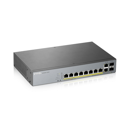 Гибридный коммутатор Smart L2 PoE+ для IP-видеокамер Zyxel NebulaFlex Pro GS1350-12HP, rack 19", 10xGE (8xPoE+), 2xSFP, бюджет PoE 130 Вт, питание до 250м, автоперезагрузка PoE-портов