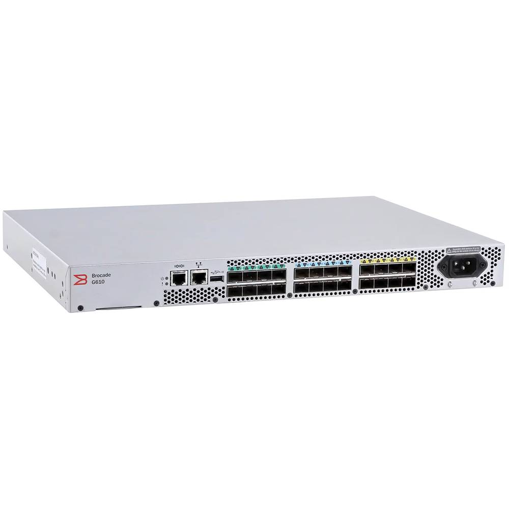 BROCADE G610 24-port FC Switch, 24-port licensed, incl 24x 32Gb SWL SFP+, Enterprise SW Bundle , FOS NOTupgradable, 1 PS, Rail Kit, 1Y Warranty