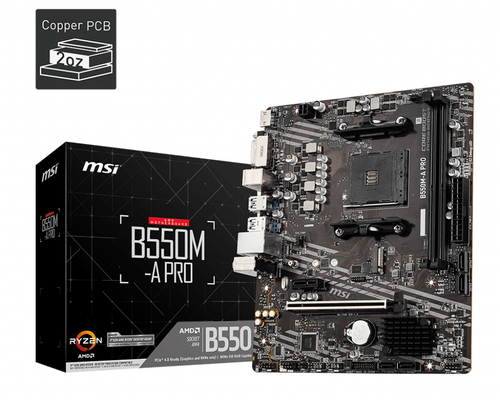 Материнская плата MSI - B550M-A PRO, mATX, AMD B550, 1xAM4, 2xDDR4 до 64ГБ, 1x1GbE, audio, M.2, HDMI, DVI-D, 2xPS/2, 4xSATA, 2xUSB2.0, 4xUSB3.2, B550M-A PRO
