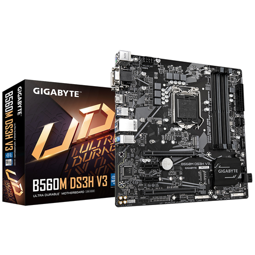 Материнская плата Gigabyte B560M DS3H V3, LGA 1200, Intel H470, 4xDDR4, 4xSATA, 1xM.2, 1xPCI-E 3.0 x16, 1xPCI-E 3.0 x4, 2xPCI-E x1, 1xHDMI, 1xDVI-D, 1xVGA, 1x 1Gb LAN, 3xUSB-A 3.2 Gen 1, 2xUSB-A 2.0, 3x3.5 мм, 7.1, Micro-ATX