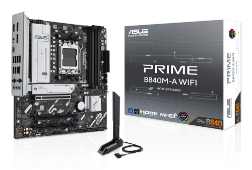 ASUS PRIME B840M-A WIFI (Socket AM5, mATX, 4xDDR5(192GB), 2xDP/HDMI, 1xPCIe 4.0x16/2xPCIe 3.0x16, 1xLAN (2.5GbE), Wi-Fi, BT, 4xSATA 6Gb/s, 3xM.2, 1xType-C, 2xUSB 3.2, 4xUSB 2.0)