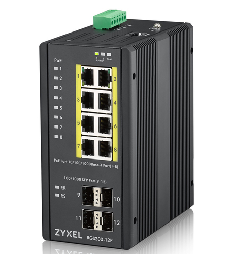 ZYXEL RGS200-12P-ZZ0101F Промышленный L2 PoE+ коммутатор RGS200-12P, 8xGE PoE+, 4xSFP, крепление на стену/DIN-рейку, IP30, два источника питания DC, бюджет PoE 240 Вт
