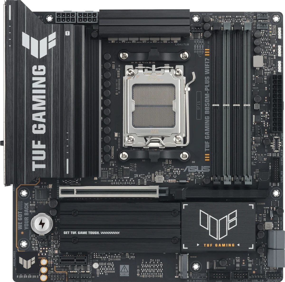 Материнская плата Asus TUF GAMING B850M-PLUS WIFI7, AM5, AMD B850, 4xDDR5, 4xSATA, 3xM.2, 1xPCIe 5.0 x16, 1xPCIe 3.0 x1, 1xDP, 1xHDMI, 1x2.5Gb LAN, Wi-Fi 7, Bluetooth 5.4, 1xUSB-C 20Gbps, 3xUSB-A 10Gbps, 4xUSB-A 5Gbps, 4xUSB-A 2.0, 3x3.5 мм, 7.1, mATX
