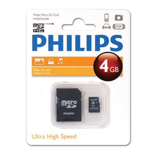 <119365> Карта памяти microSD . 4Gb PHILIPS microSDHC Class 10 (SD адаптер) [FM04MA45B/97]