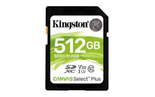 Карта памяти Kingston - Canvas Select Plus, SDXC, write speed 85Mb/s, read speed 100Mb/s, UHS-I Class 3, V30, Class 10, 512GB, SDS2/512GB