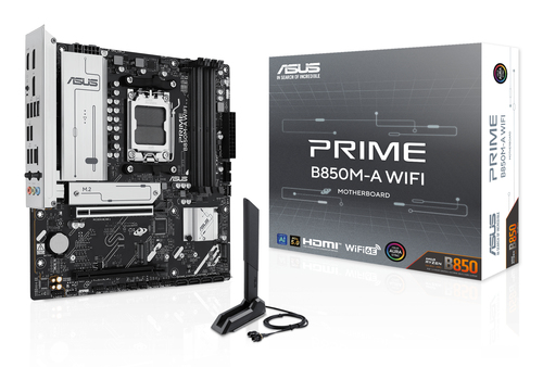 ASUS PRIME B850M-A WIFI (Socket AM5, mATX, 4xDDR5(256GB), 2*DP/HDMI, 1xPCIe 5.0x16/1xPCIe 4.0x16, 1xLAN (2.5GbE), Wi-Fi 6E, BT, 4xSATA 6Gb/s, 3xM.2, 4xUSB 3.1, 4xUSB 2.0)