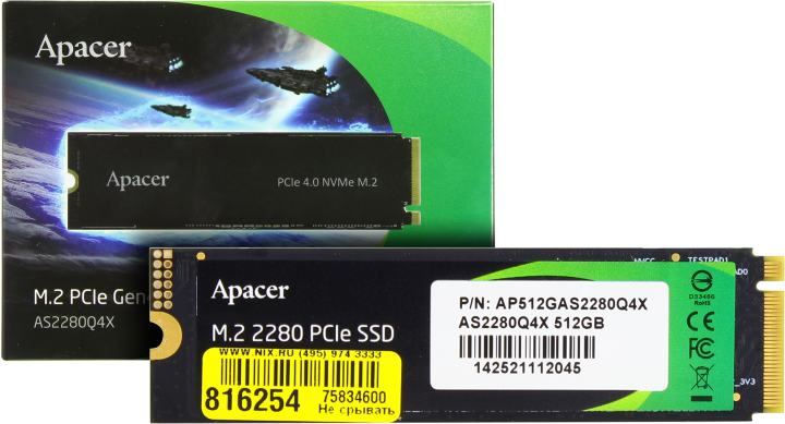 Твердотельный накопитель Apacer SSD AS2280Q4X 512Gb M.2 2280 PCIe Gen4x4, R4000/W2500 Mb/s, 3D NAND, MTBF 1.5M, NVMe 1.4, 300TBW, Retail, 3 years (AP512GAS2280Q4X-1)