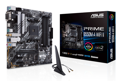 Материнская плата Asus - PRIME B550M-A WIFI II, mATX, AMD B550, 1xAM4, 4xDDR4 до 128ГБ, 1x1GbE, audio, M.2, Wi-Fi, Bluetooth, VGA, HDMI, DVI-D, 1xPS/2, 4xSATA, 6xUSB3.2, PRIME B550M-A WIFI II