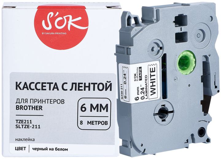 S'OK <SLTZE211> лента для печати этикеток (ширина 6мм, 8м, чёрный  на  белом)  для Brother