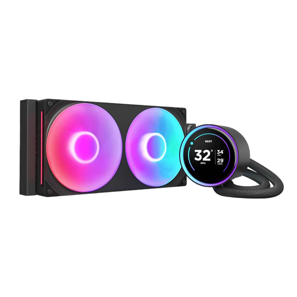 Система жидкостного охлаждения для ПК/ Water Cooling System NZXT Kraken Elite 280 RGB (250W, 280mm, LED temp., Black/ Fans: 2x140mm, 98.61CFM, 34.5dBA, 2000RPM/ Pump height 65mm, 2800RPM, Rad thickness 27mm/ S: 1851, 1700, 1200, 115X, AM5, AM4)