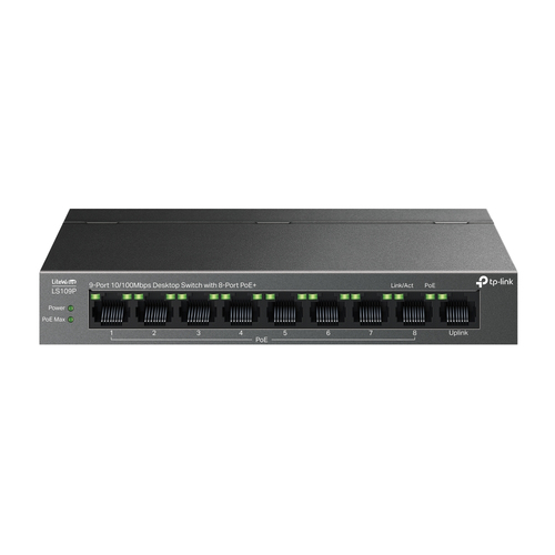 LS109P - Коммутатор, TP-Link, LS109P, 9 портов 10/100 Мбит/с (из них 8 портов с поддержкой стандартов 802.3af/at), Бюджет PoE 63 Вт, настольный, настенный