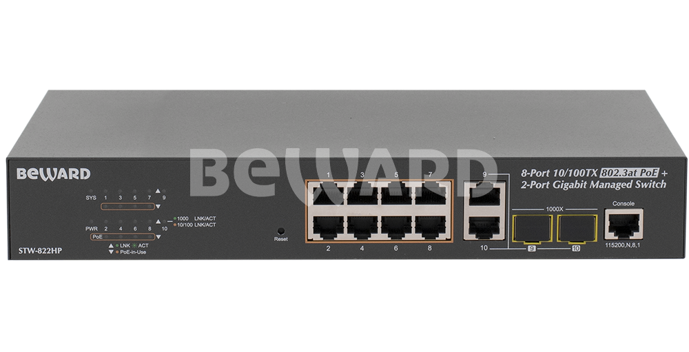 Коммутатор Beward STW-822HP, 8×10/100 PoE (120W), 2×combo TP/SFP
