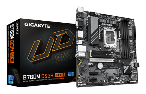 Материнская плата Gigabyte B760M DS3H GEN5, LGA 1700, Intel B760, 4xDDR5, 4xSATA, 2xM.2, 1xPCIe 5.0 x16, 2xPCIe 3.0 x1, 1xVGA, 1xHDMI, 2xDP, 1x2.5Gb LAN, 1xUSB-C 10Gbps, 3xUSB-A 5Gbps, 2xUSB-A 2.0, 1xPS/2, 3x3.5 мм, 7.1, mATX