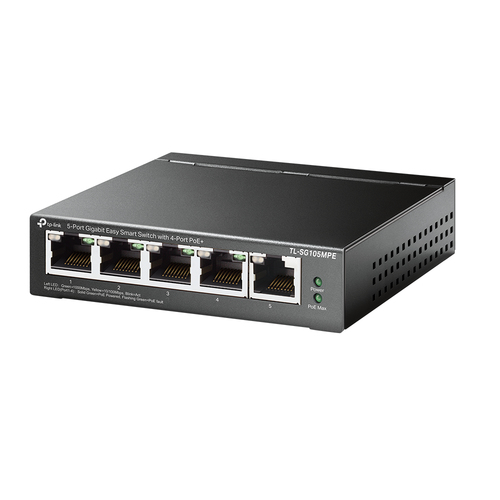 Коммутатор 5-портовый TP-Link TL-SG105MPE, Easy Smart с 5 гигабитными портами (4 порта PoE+), 802.3af/at, бюджет PoE — 120 Вт, стальной корпус, PoE