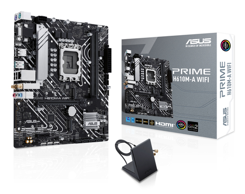 ASUS PRIME H610M-A WIFI (Socket 1700, mATX, 2xDDR5(96GB), VGA/DP/HDMI, 1xPCIe 4.0x16/1xPCIe 3.0, 1xLAN, Wi-Fi, BT, 4xSATA 6Gb/s, 2xM.2, 1xUSB 3.2, 4xUSB 2.0, 2xPS/2)