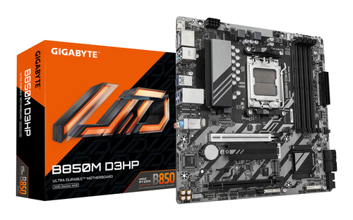 Материнская плата GIGABYTE B850M D3HP, AM5, AMD B850, 4xDDR5, 4xSATA, 2xM.2, 1xPCIe 5.0 x16, DisplayPort, HDMI, 1x1Gb LAN, 3x3.5 мм, 7.1, microATX