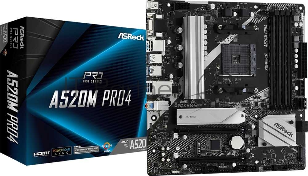 Материнская плата ASRock A520M Pro4, AM4, AMD A520, 4xDDR4, 4xSATA, 2xM.2, 1xPCIe 3.0 x16, DisplayPort, HDMI, D-Sub, 1x1Gb LAN, 3x3.5 мм, 7.1, microATX
