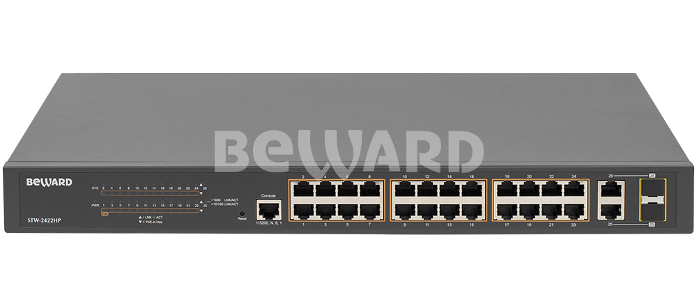Коммутатор Beward STW-2422HP, управляемый, 24×FE PoE, 2×Combo GbE/SFP, PoE 240Вт