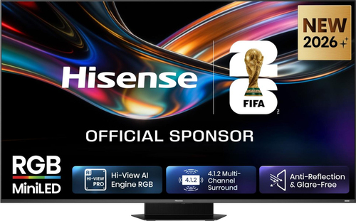 Телевизор RGB Mini-LED 85'' Hisense/ 85", Ultra HD, VA, Local Dimming Zones 1320, 4K 48-180Hz, 2K 48-330Hz, Smart TV (HomeOS U9.5), Wi-Fi, DVB-T2/T/C/S2/S, HDR 10+, Dolby Vision, Dolby Atmos, Bluetooth, 4.1.2 CH, 2*15W(Main)+2*10W(Surround)+20W(Subwoofer)+2*10W(Sky), 800 nits, 8000:1, DP(Type-C), CI+(1.4), 4хHDMI, 2хUSB, FreeSync Premium PRO, 180Hz Game Mode Pro, Charcoal grey, 2026