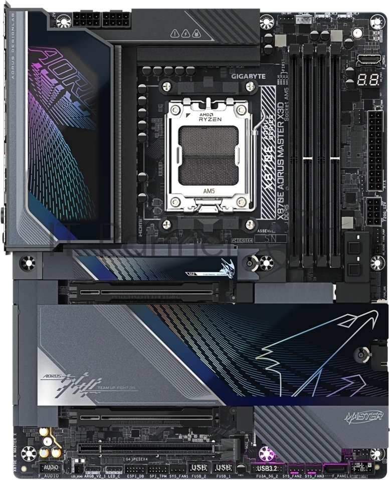 Материнская плата Gigabyte X870E AORUS MASTER X, AM5, AMD X870E, 4xDDR5 (до 9000 МГц, до 256 ГБ), 2xSATA, 5xM.2 (2xPCIe 5.0, 2xPCIe 4.0 x4, 1xPCIe 4.0 x2), 2xPCIe 5.0 x16, 1xPCIe 4.0 x16, 1xHDMI, 1x10Gb LAN + 1x5Gb LAN, Wi-Fi 7, Bluetooth 5.4, 2xUSB-C 40Gbps (USB4), 1xUSB-C 20Gbps, 1xUSB-C 10Gbps, 7xUSB-A 10Gbps, 3x3.5 мм + S/PDIF оптический, 7.1, с подсветкой, чёрный, ATX