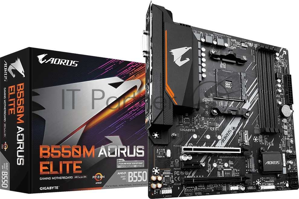 Материнская плата Gigabyte B550M AORUS ELITE, AM4, AMD B550, 4xDDR4, 4xSATA, 2xM.2, 2xPCIe x16, HDMI, DVI, 1xGb LAN, 8xUSB, 3x3.5 мм, 7.1, microATX